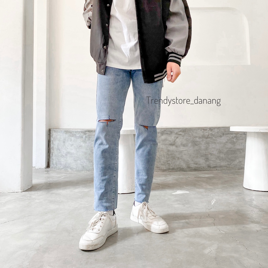 Quần jeans nam xanh rách gối form slim fit chất bò co giãn [898]