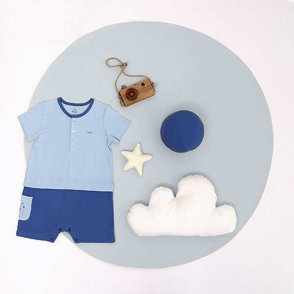 Bộ Quần Áo Liền Thân Cộc Nous Màu Xanh Lơ Nhạt Bé Trai - Chất Liệu Nu Petit Mềm Nhẹ (Size Từ 6-9 Tháng Đến 9-12 Tháng)