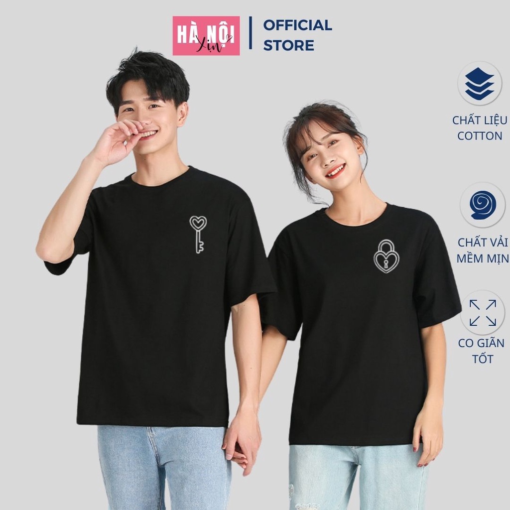 Áo thun đôi nam nữ vải cotton, Áo phông đôi nam nữ vải cotton in họa tiết chìa khóa-ổ khóa phong cách Unisex