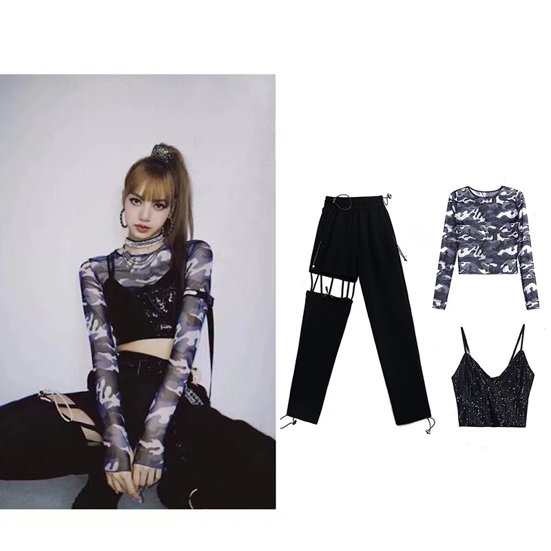 Lisa blackpink Set Quần Dài Và Áo Thun Tay Dài Họa Tiết Rằn Ri Phong Cách Hàn Quốc Cho Nữ