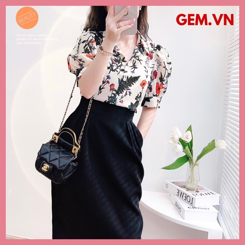 Set áo sơ mi hoa phối chân váy đen rất trẻ trung sang chảnh tôn dáng cho chị em có bán rời áo và chân váy