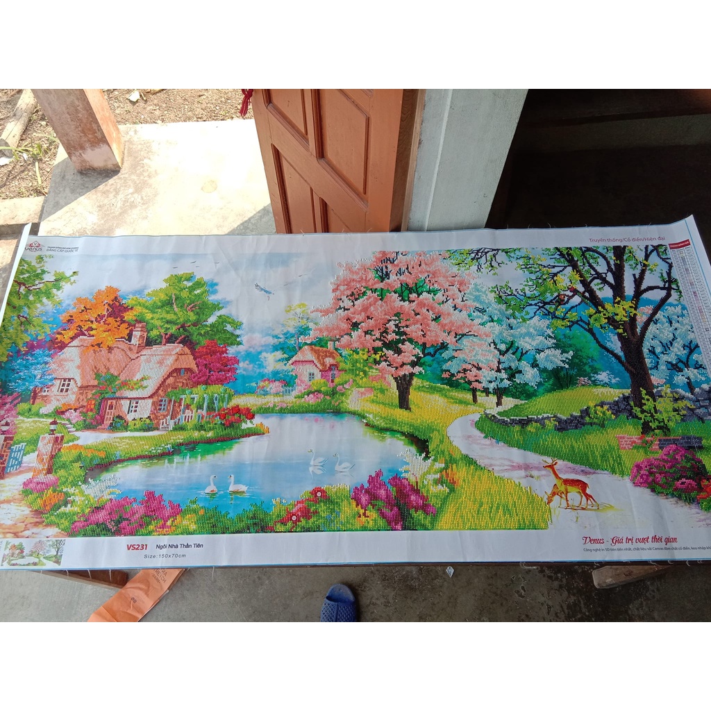 Tranh đính đá phong cảnh Ngôi Nhà Hạnh Phúc - Tranh chưa đính đá