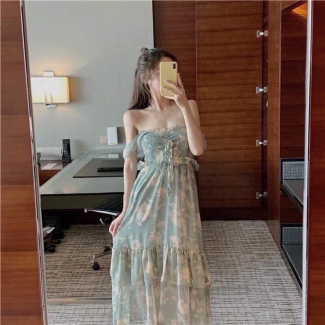 (Có sẵn) Đầm voan xanh hoa Quảng Châu / Váy maxi đi biển ( có ảnh thật)