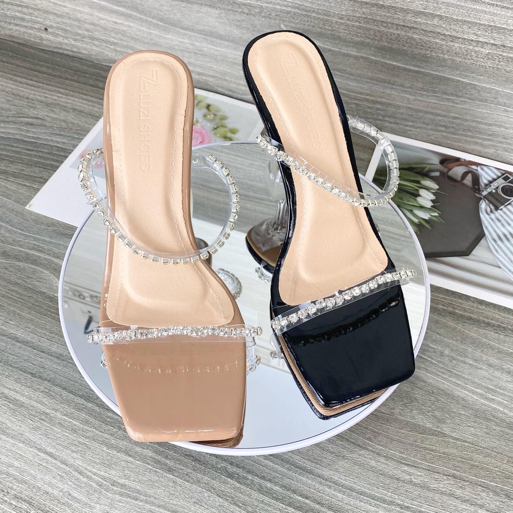 Guốc cao gót nữ 2 dây mica đính đá gót ly cao 9p, giày cao gót nữ 2 quai ngang đính đá sang chảnh đi tiệc cao 9p B12