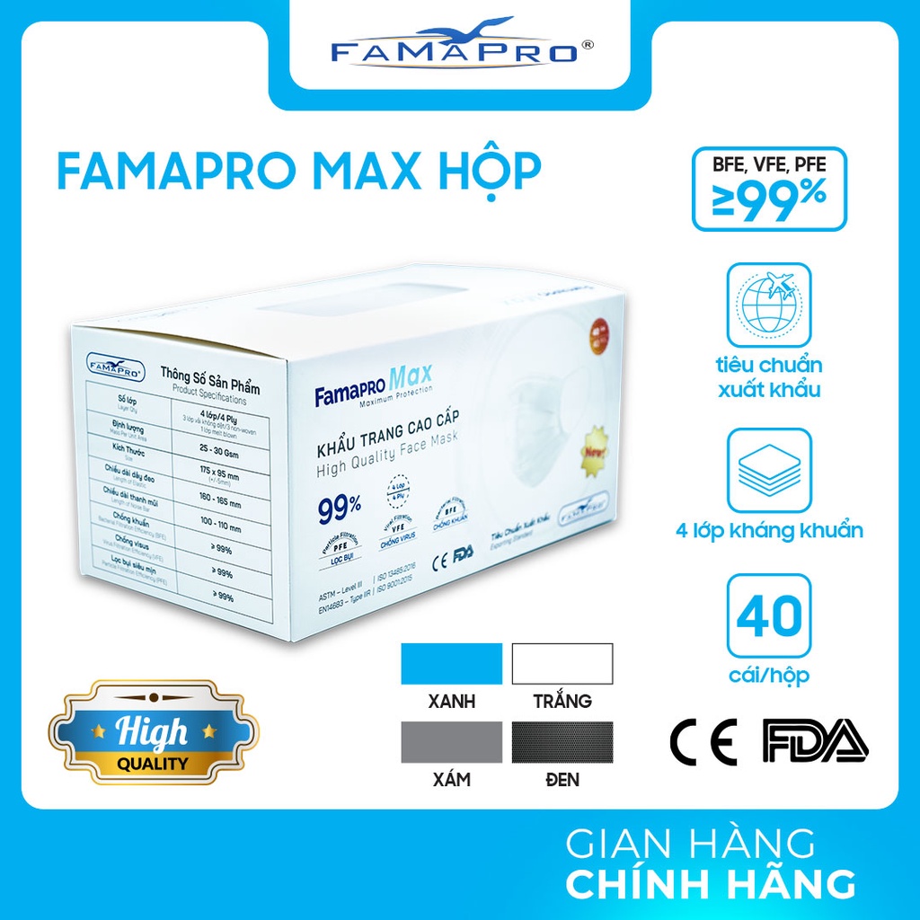 [FAMAPRO MAX HÀNG XUẤT KHẨU- 40 HỘP] Khẩu trang y tế kháng khuẩn 3 lớp Famapro max ( 40 cái /hộp )