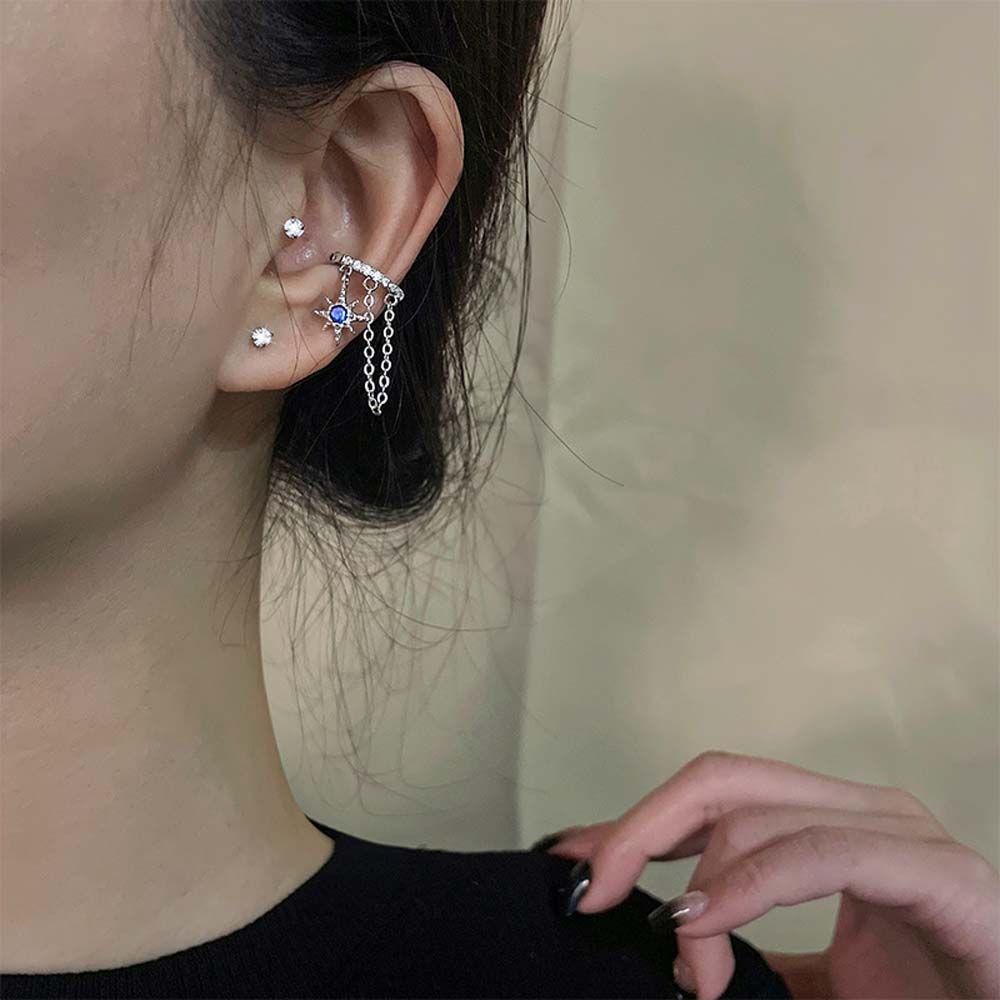 Khuyên Kẹp Vành Tai Màu Xanh Dương Phối Dây Xích Đôi Thời Trang Cho Nữ MXMUSTY
