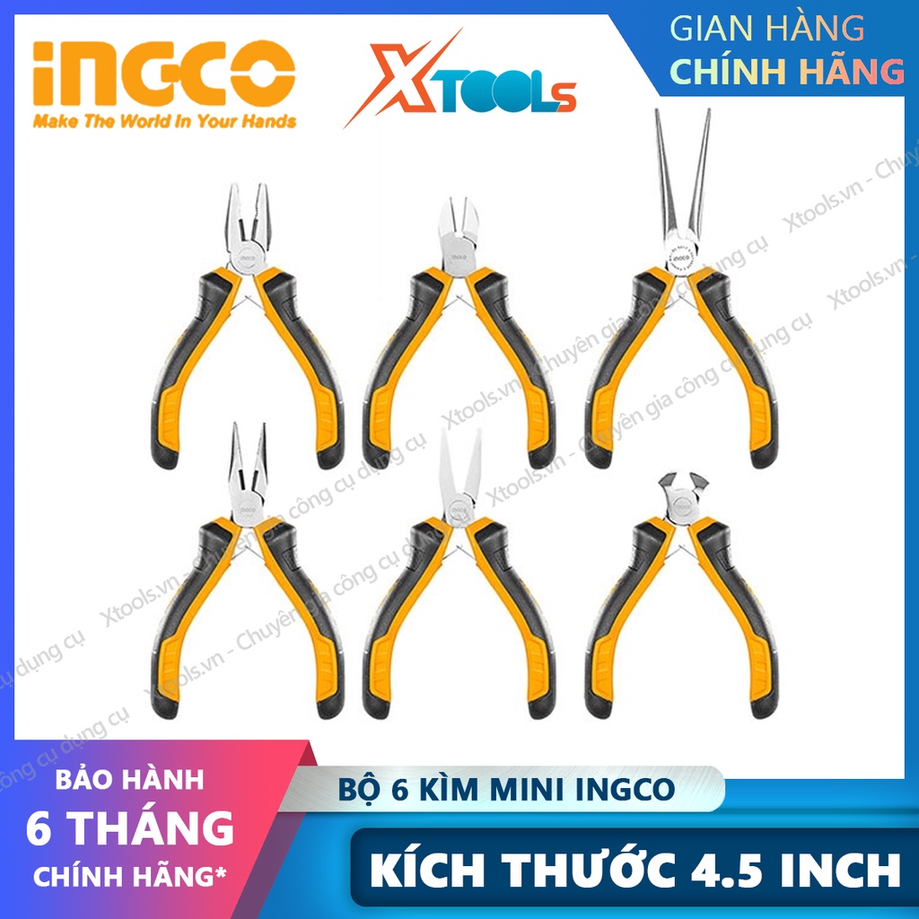 Bộ 6 kìm mini đa năng cách điện INGCO bộ kìm mini làm trang sức, linh kiện điện tử, chất liệu thép siêu cứng bền sắc bén