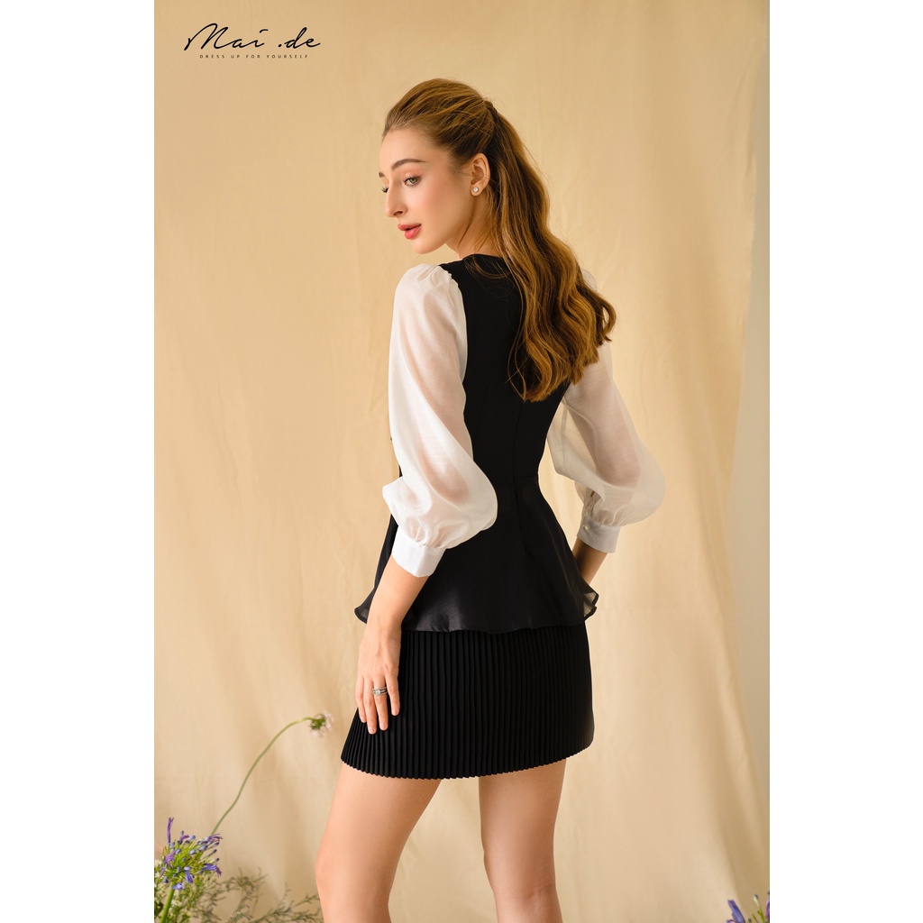 MAI.DE - Áo đen cổ vuông tay dài phối voan trắng RIRI TOP