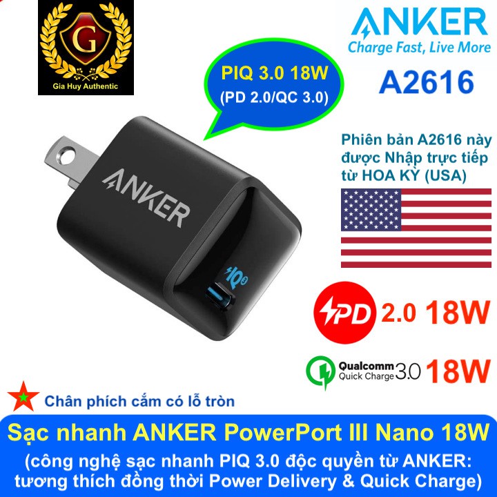 Củ sạc nhanh IP11 Series, S10, Note 10 ANKER A2616 PowerPort III Nano PIQ 3.0 18W (PD 2.0/ QC 3.0 18W)