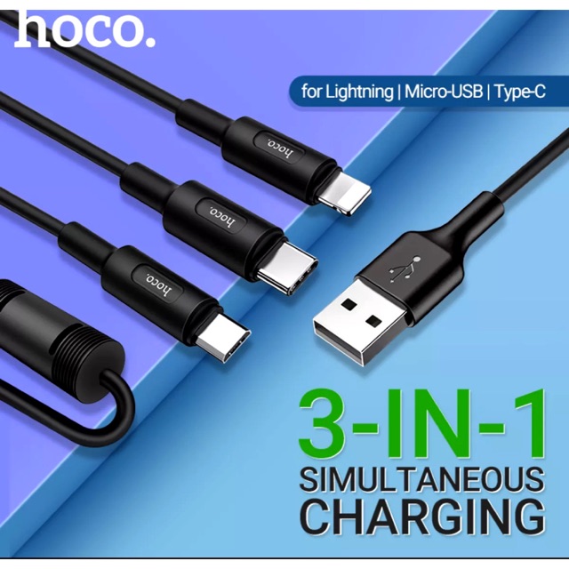 Cáp sạc 3 đầu Hoco X25 Lightning + micro + Type-c sạc nhanh, dây TPE chống đứt gãy gập