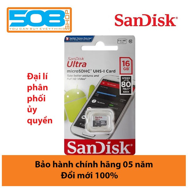 Thẻ nhớ SanDisk 16GB Mirco SD Ultra Class 10 80Mb/s – Bảo hành chính hãng 5 năm