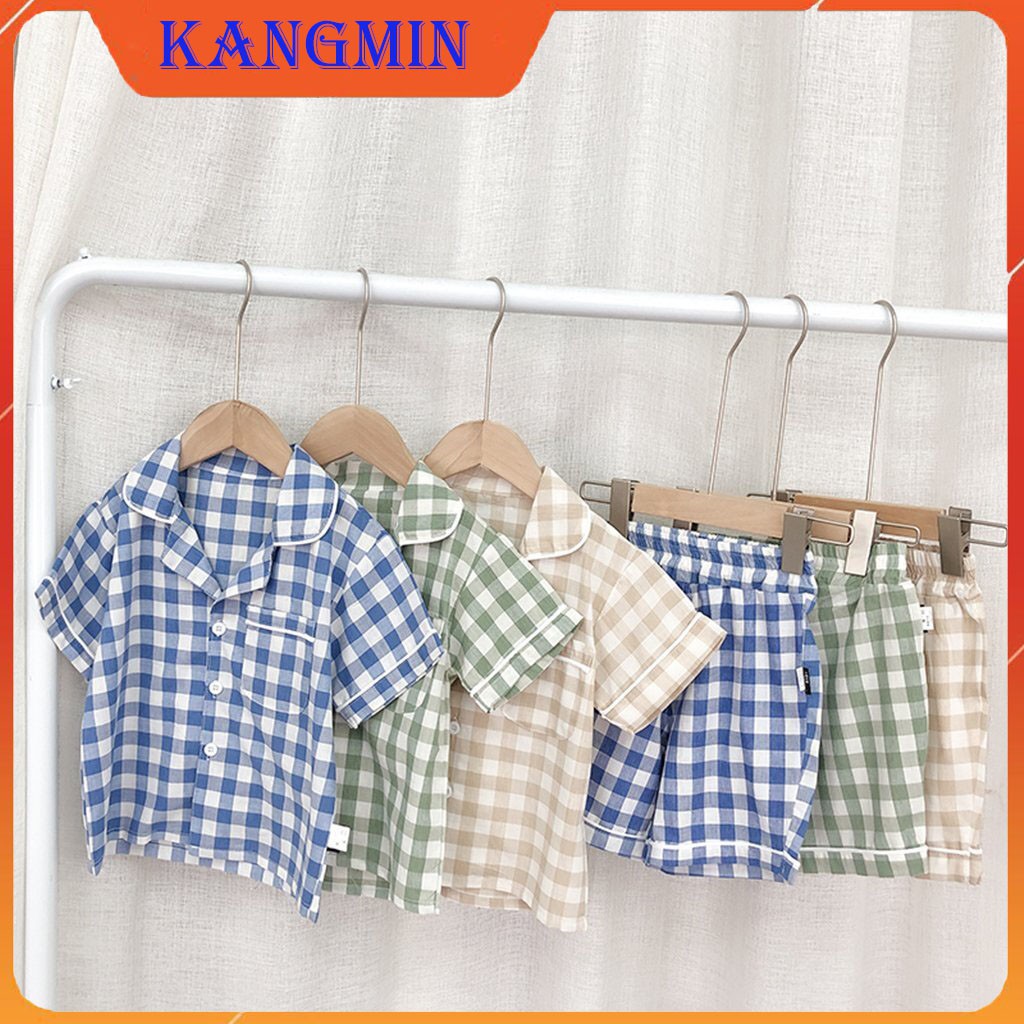 Bộ Sơmi cho bé trai KANGMIN. Quần Áo cộc tay có cổ hình caro đi biển biển chất cotton cho bé Từ 7-28Kg