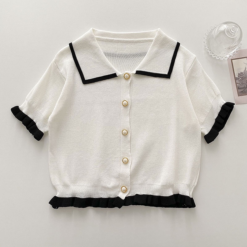 Áo cardigan dệt kim tay ngắn cài nút ngọc trai nhiều màu sắc phong cách retro Hàn Quốc cho nữ