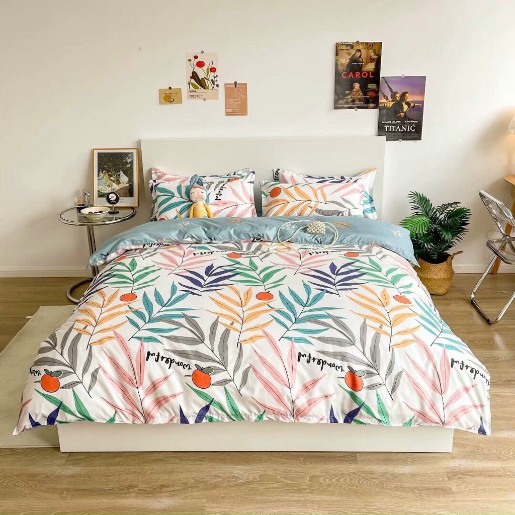 Bộ chăn ga gối Cotton Poly Decor bedding Cà chua dây, vỏ chăn mền, drap giường và 2 vỏ gối