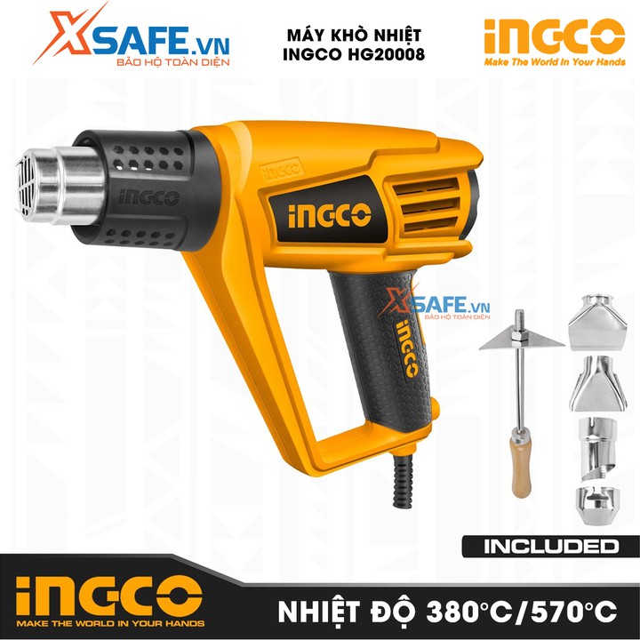 Máy khò INGCO HG20008 Công suất 2000W Tặng kèm 5 món 1 cây nạo/cào và 4 miệng vòi, Máy thổi nhiệt 350°C/550°C