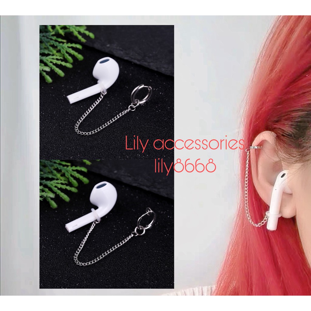 khuyên tai và kẹp tai titan dây xích không cần xỏ lỗ giúp giữ AIRPOD chống lạc và chống rơi không gỉ không đen