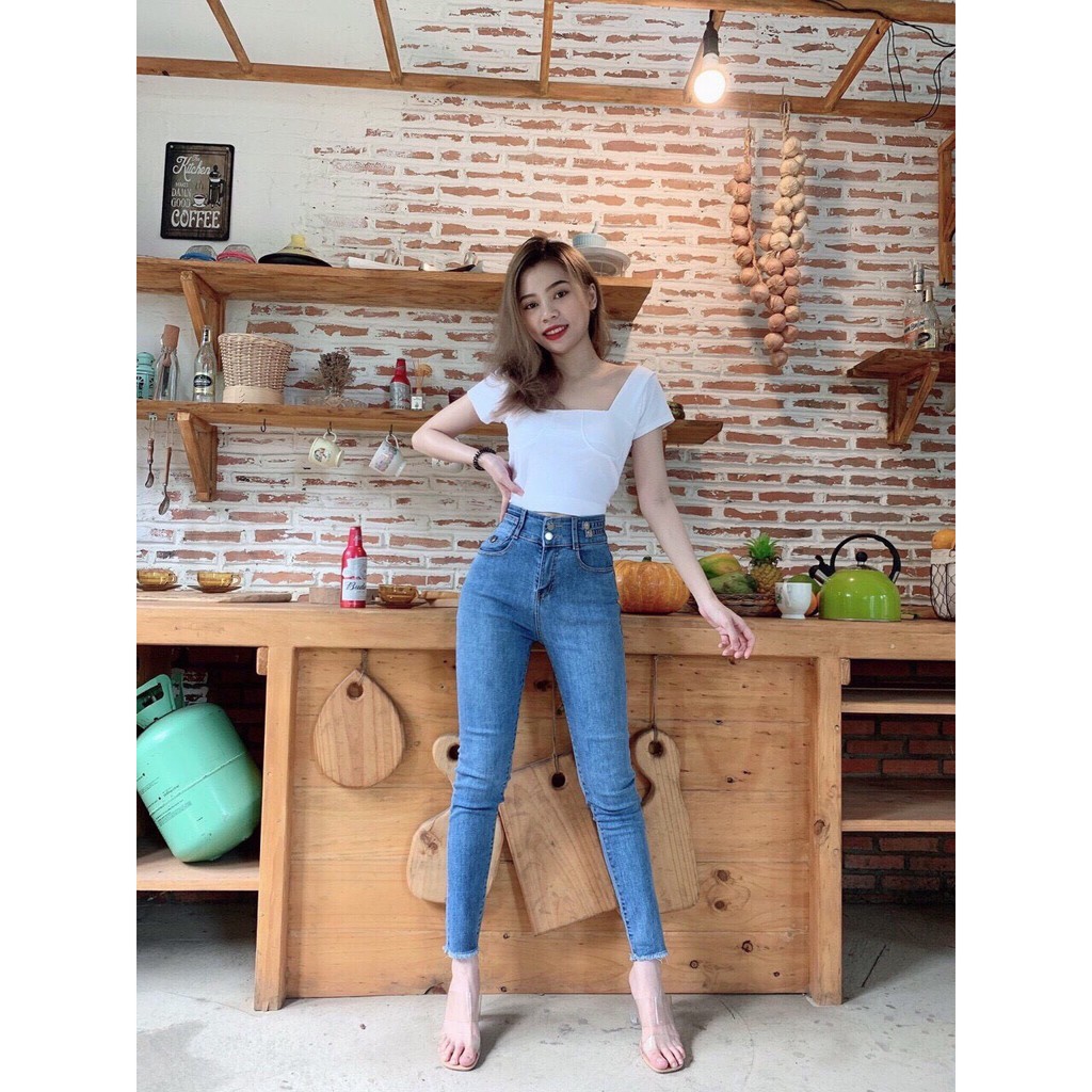 Quần jean nữ lưng cao HAI CÚC phối HAI KHUYÊN HÔNG màu xanh bảng size 26-30 chất jean giãn tốt a2-6