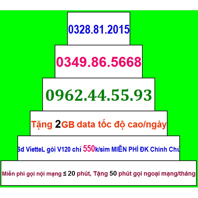 Sim Đẹp Viettel GIÁ 550k GÓI khủng V120 Miễn phí GỌI + Data tốc độ cao - HỖ TRỢ ĐĂNG KÝ CHÍNH CHỦ ( xem chi tiết Sp)