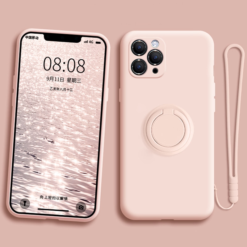 Ốp lưng iPhone 12 Pro Max Sang Trọng Ốp Lưng Silicone Lỏng Ốp Lưng Với Vòng Kim Loại Giá Đỡ Miễn Phí Dây Cho iPhone 12 Pro Max 11 Pro max Mini XS X XR 6 S 7 8 Plus IPhone8 7Plus 8 Plus IPhone11 Nhẫn Đế Đứng Bao Da dây Dây Đeo