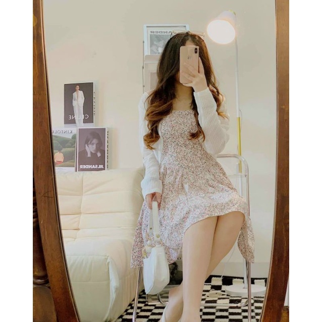 Set váy hoa hai dây phối nút bọc kèm áo khoác crop trắng tay dài | BigBuy360 - bigbuy360.vn