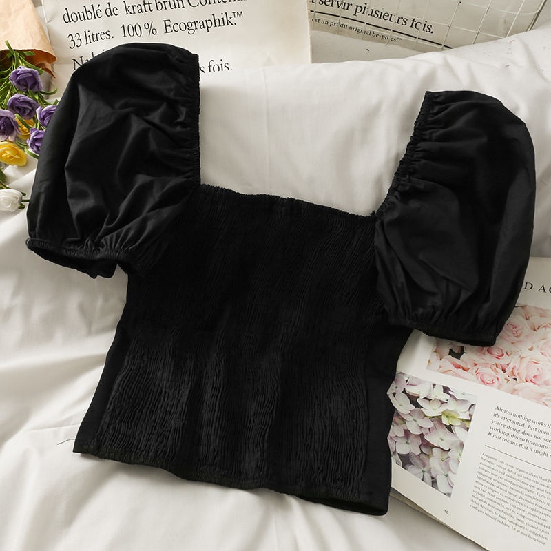 Áo Croptop Cổ Vuông Tay Phồng Dáng Ôm Thời Trang Mùa Hè Phong Cách Hàn Quốc Cho Nữ