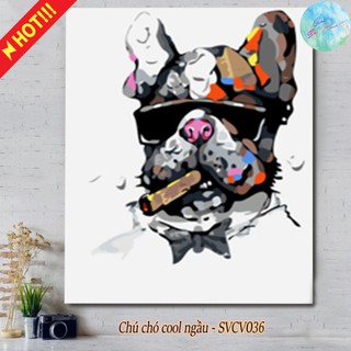 Tranh sơn dầu số hóa có khung tự tô màu theo số CHÚ CHÓ COOL NGẦU SVCV036 ( Tranh tô màu trang trí hình con chó cá tính)