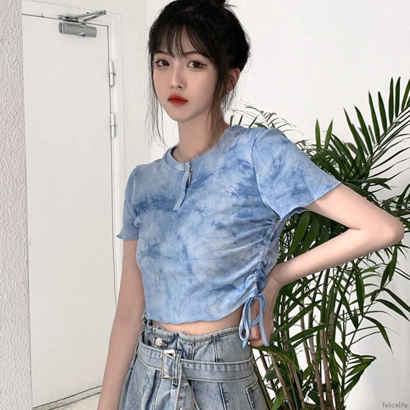 Áo Lửng Tay Ngắn Phối Màu Nhuộm Độc Đáo Trang Trí Dây Rút Bên Hông Cho Nữ