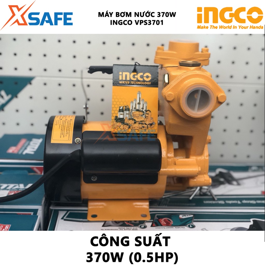 Máy bơm nước INGCO VPS3701 Máy bơm tăng áp 370W(0.5HP), chiều cao bơm 32m, độ hút sâu 8m, mô tơ dây đồng tăng áp lực