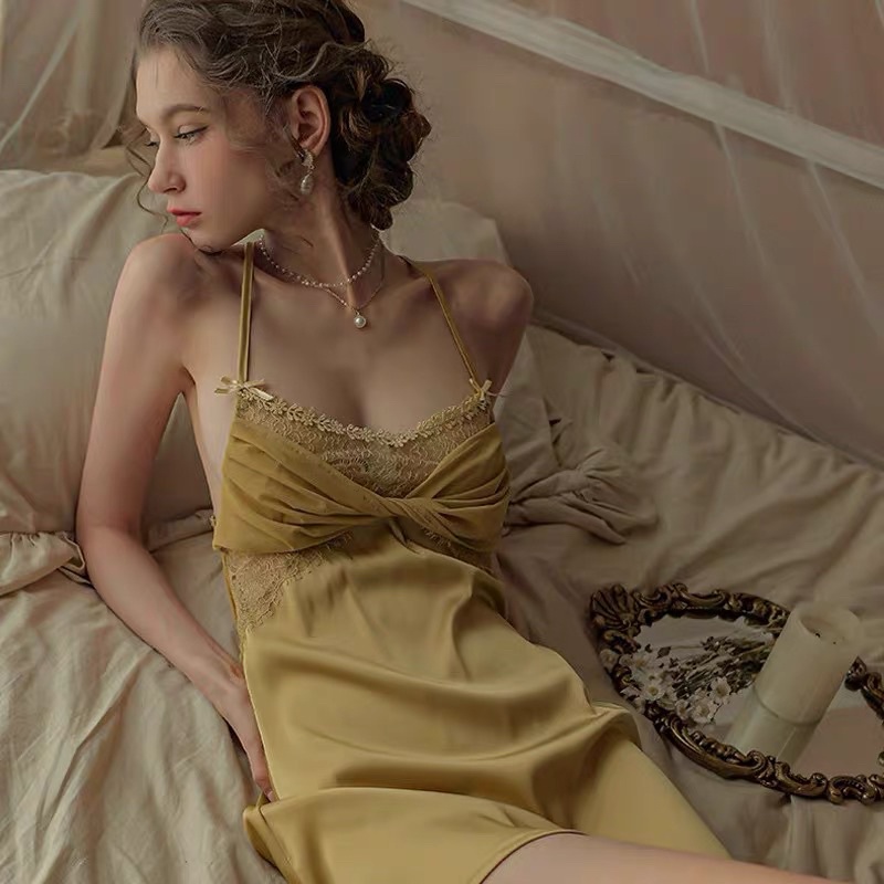 Váy ngủ lụa phối ren ngực sexy quyến rũ, đầm ngủ lụa satin cao cấp Quảng Châu - VN19