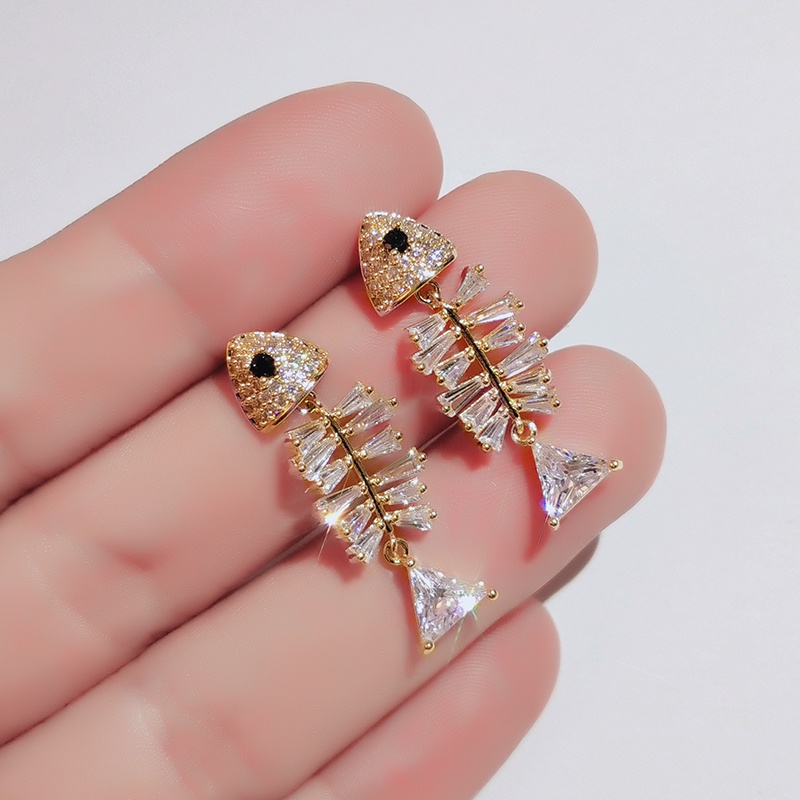 Khuyên tai JIUDUOLAN hình xương cá đính đá zircon độc đáo sáng tạo