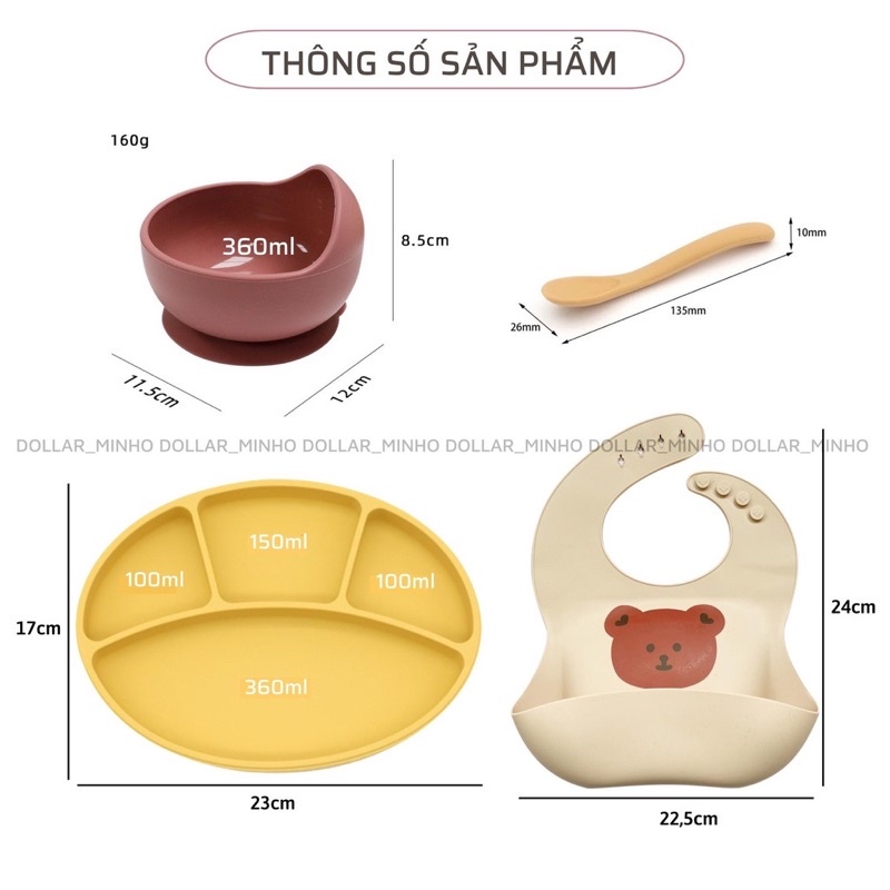 Set ăn dặm 4 món khay oval, bát gấu có đế hít chống đổ cho bé ăn blw, adkn