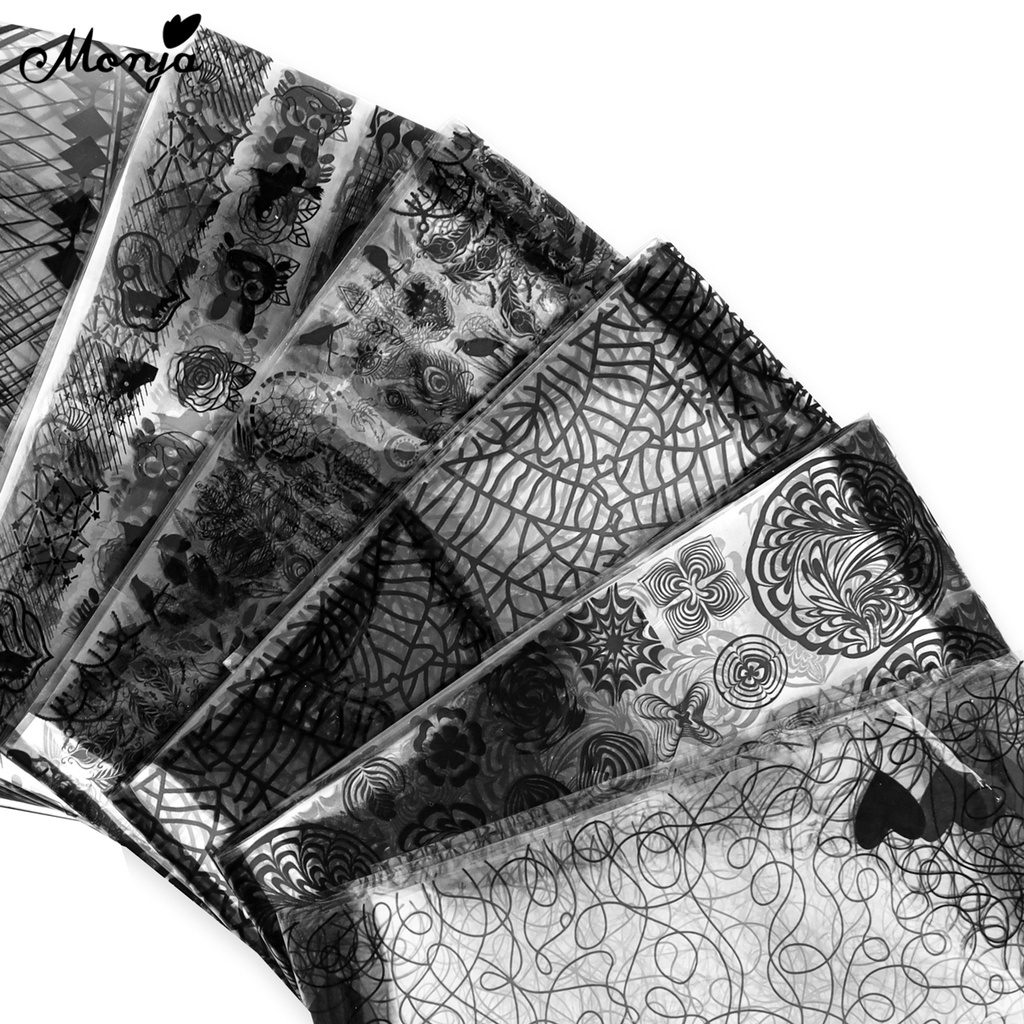 MONJA Bộ 6 Miếng Dán Trang Trí Móng Tay Họa Tiết Ren Màu Trắng Đen Thời Trang