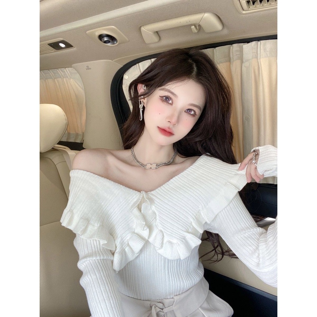 Wooden ear pure sweet doll collar knitted bottoming shirt women's spring 2022 new sweater jacket