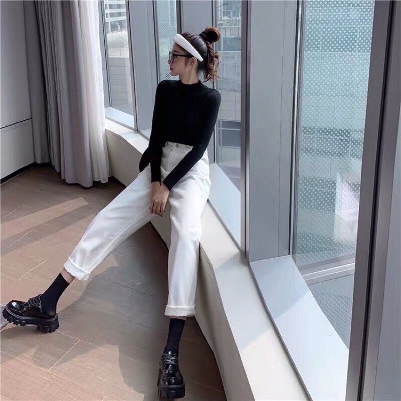 Quần jean bò ống rộng suông xuông nữ jeans cạp cao phong cách Hàn Quốc sành điệu style năm 2021
