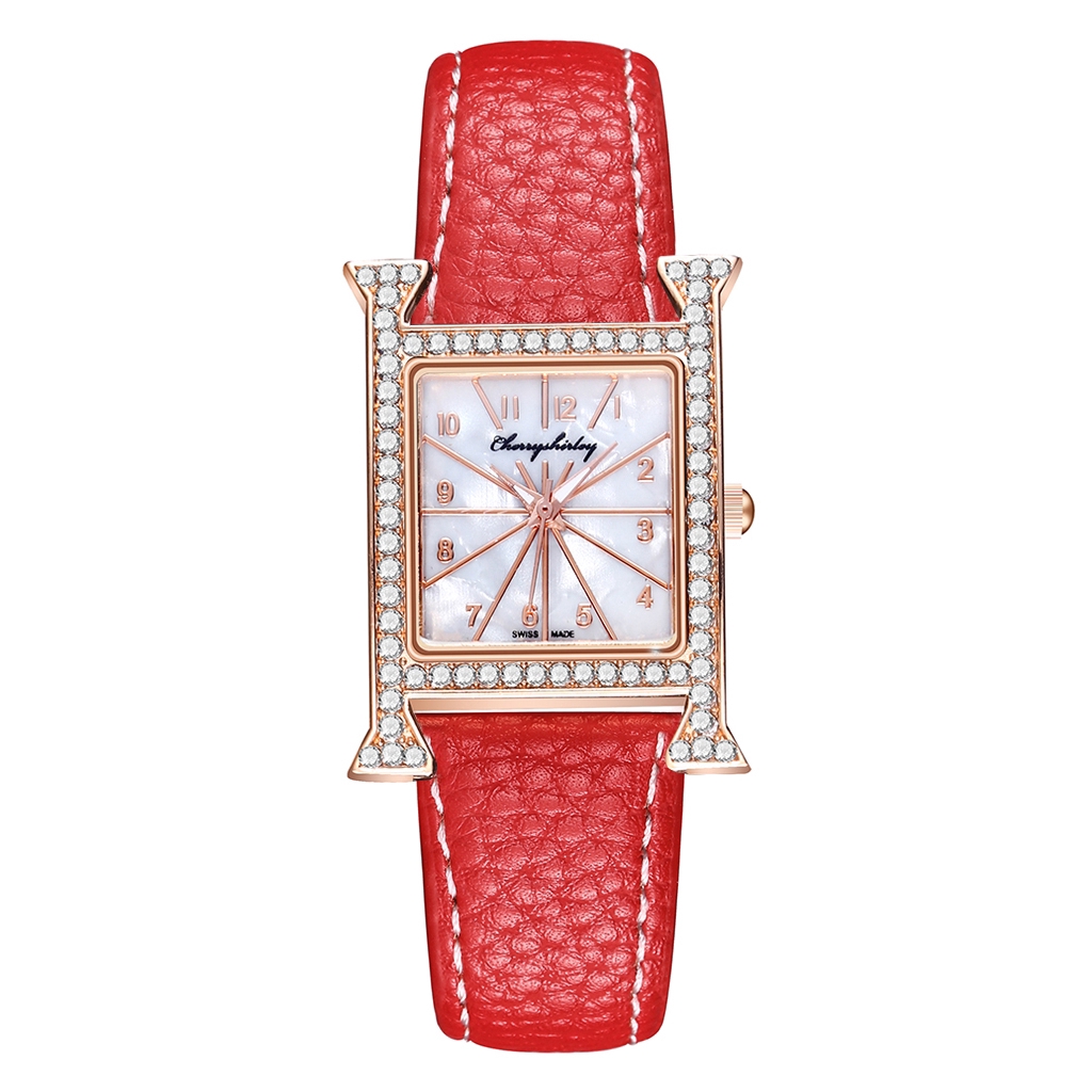 Đồng Hồ Quartz Mặt Vuông Đính Hột Xoàn Dây Da Cho Nữ