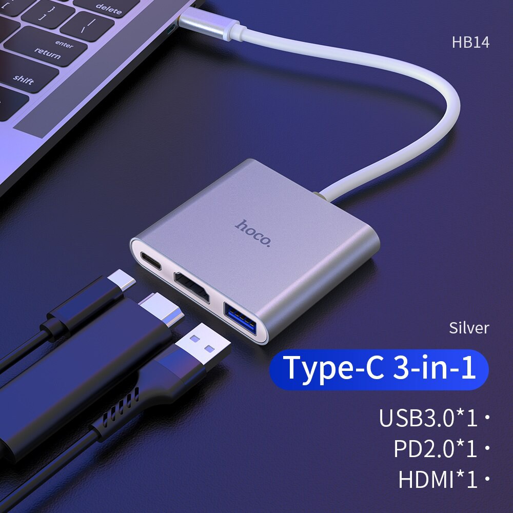 Hub chuyển TYPE-C Sang HDMI, USB 3.0 và TYPE-C PD 67W hỗ trợ Samsung DEX, MAC OS, WINDOWS Hoco HB14