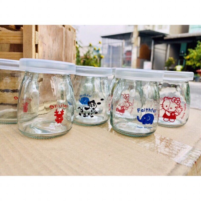 Bộ 12 Hũ Thuỷ Tinh In Hình Con Thú Đựng Sữa Chua / Caramen 100Ml