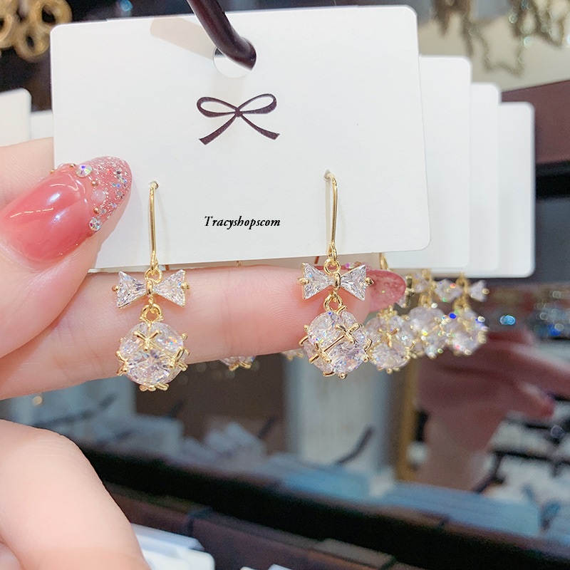 Bông tai cầu đá, móc nơ, đơn giản và tinh tế, kim bạc, mạ vàng 14k