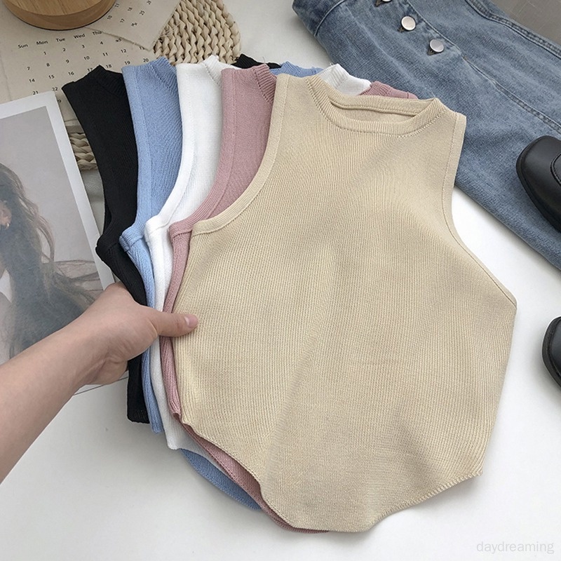 Áo Tank Top Dệt Kim Cổ Tròn Dáng Ôm Thời Trang Cho Nữ