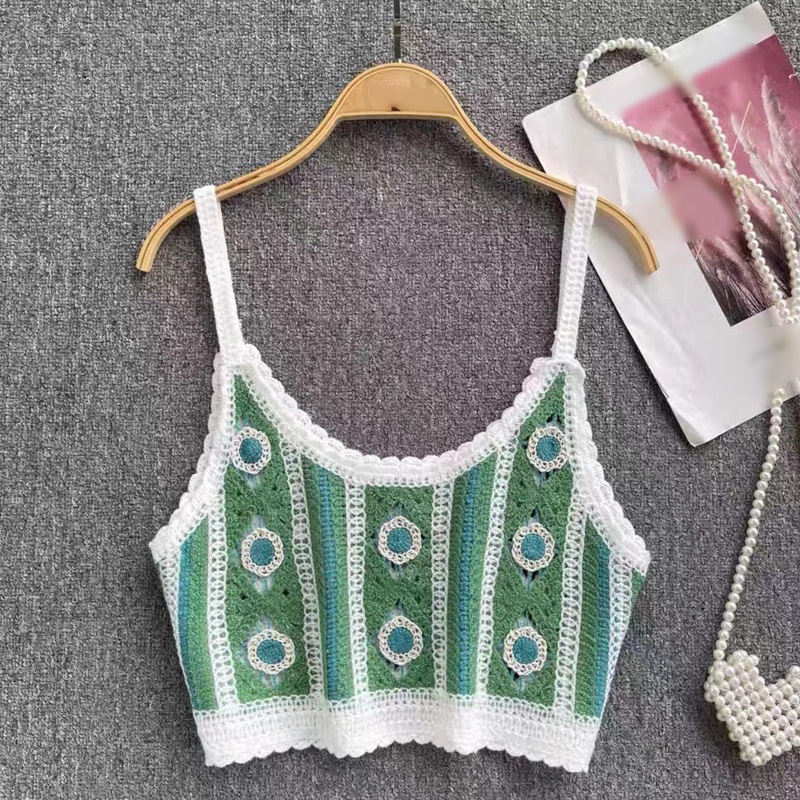 Áo Croptop Hai Dây Dệt Kim Khoét Rỗng Thêu Họa Tiết Thời Trang Mùa Hè Cho Nữ