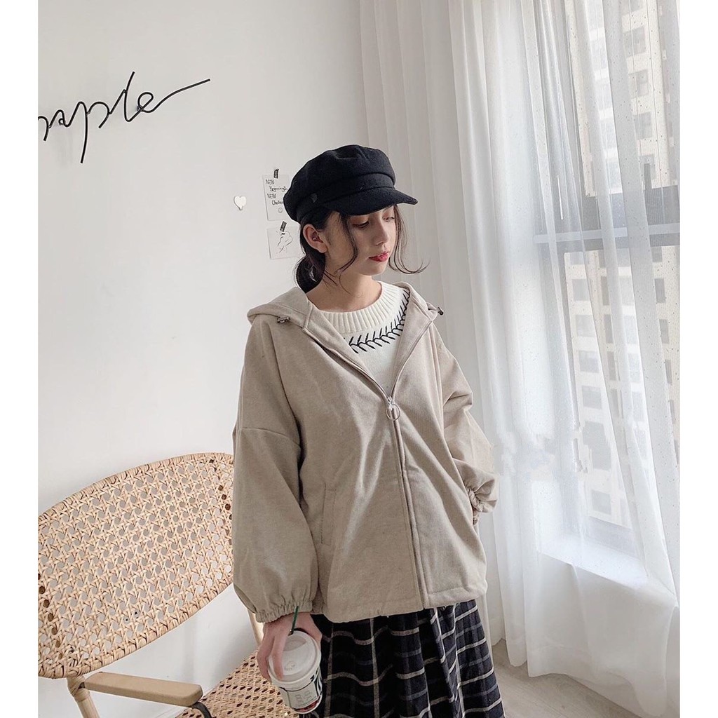 ÁO KHOÁC KAKI NỈ LÌ OVERSIZE KHÓA TRÒN TAY PHỒNG BE ĐEN NÂU - Jacket hoodie trendy Ulzzang