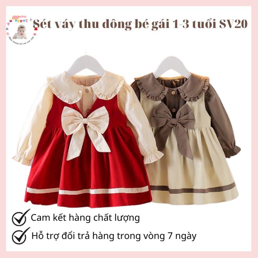 Váy thu đông bé gái nơ ngực kèm áo sơ mi xinh xắn dành cho bé 1-3 tuổi SV20