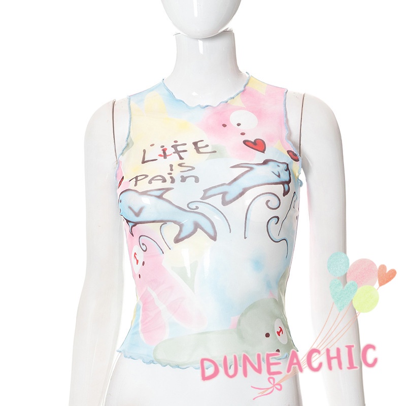 DUNEA Áo Tank Top Nhún Bèo In Họa Tiết Dễ Thương Thời Trang Cho Nữ