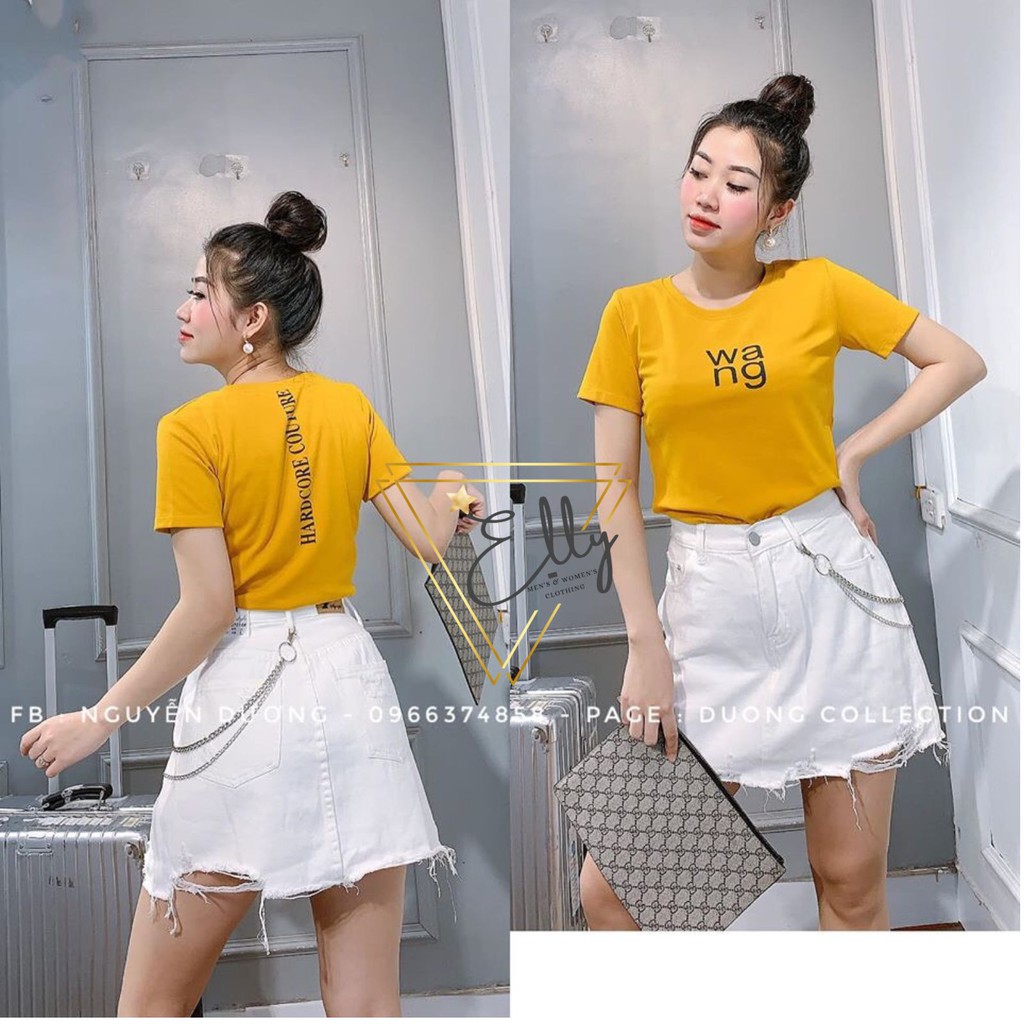 Áo thun croptop thêu chữ wa..ng chất zip cotton