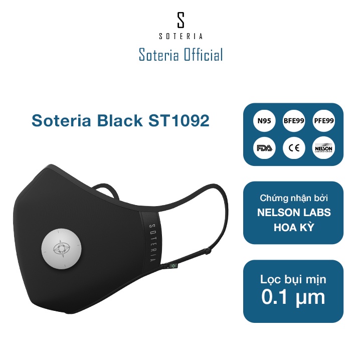 Khẩu trang tiêu chuẩn Quốc Tế SOTERIA Black ST1092 - Bộ lọc N95 BFE PFE 99 lọc đến 99% bụi mịn 0.1 micro- Size S,M,L