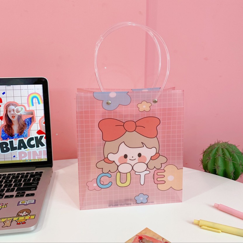 Túi để quà sinh nhật valentine chống nước phong cách Hàn Quốc cute, giỏ đựng đồ trong suốt họa tiết gấu nhỏ xinh giá rẻ