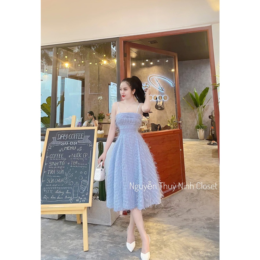 Đầm lông vũ Hot Girl 2 Dây Dự Tiệc Thiết Kế, Đầm Tiểu Thư Sang Chảnh Cao Cấp Dáng Dài MS A110