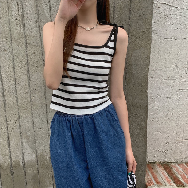 Áo hai dây dệt kim họa tiết kẻ sọc thiết kế mới thời trang mùa hè dành cho nữ