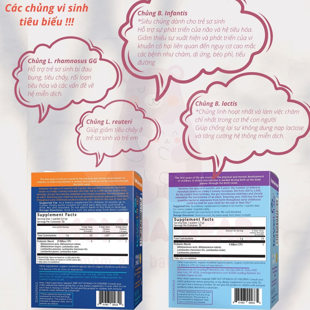 Men vi sinh cho bé LOVEBUG MỸ 6 THÁNG ~ 4 TUỔI men tiêu hóa cho bé hỗ trợ miễn dịch trào ngược tiêu chảy táo bón đầy hơi