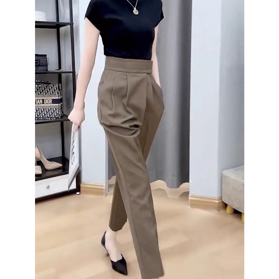 Quần baggy nữ lưng cao cạp dính chất tuyết mưa loại 1  , Quần tây công sở nữ có 2 màu đen-nâu mã Q1
